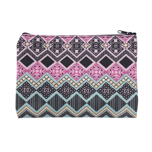 Portable geometric print makeup bag with bohemian pattern and zipper closure for women