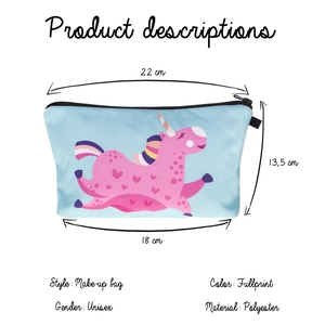 Detail of blue makeup bag with unicorn print showing size dimensions 22x18x13.5 cm