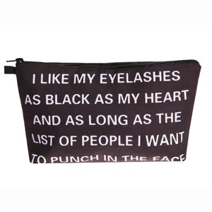 Women Black Polyester Letter Print Cosmetic Bag Portable Travel Toiletry Storage Organizer Pouch Case Zipper Closure