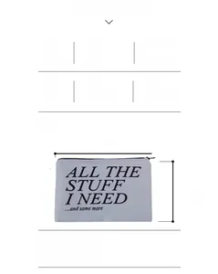 Detail view of square makeup bag with printed letters and size specs 20x14cm