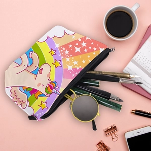Colorful rainbow unicorn makeup bag with digital print and secure zipper closure