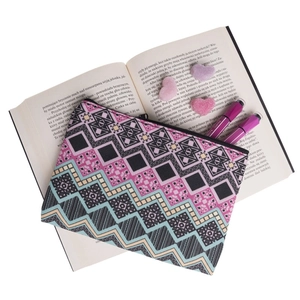 Portable geometric print square cosmetic bag with pink and blue wave patterns