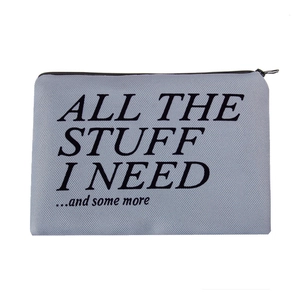 Square grey canvas makeup bag with black zipper and minimalist letter print slogan