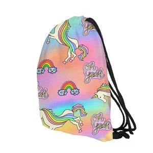 Drawstring backpack with colorful rainbow unicorn print on pastel gradient background