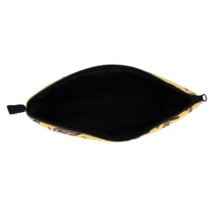 Detail view of yellow sloth print makeup bag showing open black interior and zipper