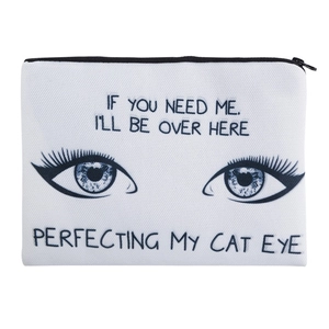 Weiße Kosmetiktasche aus Canvas mit schwarzem Cat-Eye-Print und lustigem Spruch