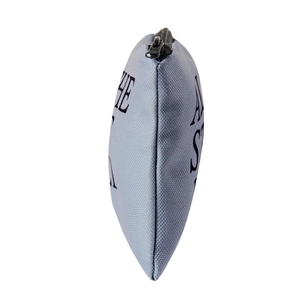Light blue canvas makeup bag with black letter print and zipper closure in side view