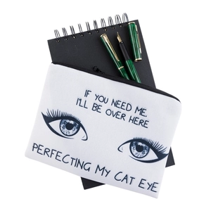 Weiße Kosmetiktasche aus Canvas mit blauem Augenaufdruck und lustigem Text-Design