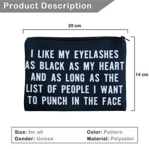 Vue détaillée de la trousse de maquillage noire avec texte et guide de taille 20x14cm