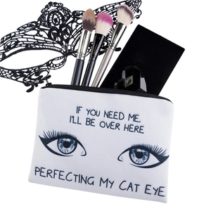 Weiße Canvas-Kosmetiktasche mit Katzenaugen-Spruch und Wimpern-Print für Damen