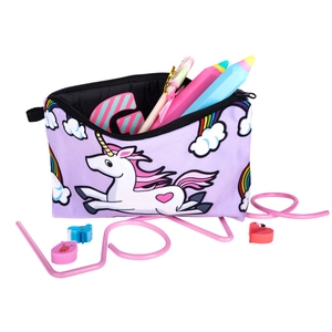 Purple unicorn print travel makeup bag and stationery pouch with black zipper handle
