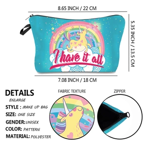 Polyester makeup bag with unicorn print, dimensions 22x18x13.5cm and zipper detail