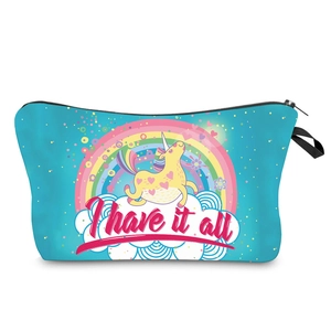 Detail of teal unicorn cosmetic bag showing zipper closure and durable fabric texture