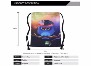 Detail view of 39x30cm polyester drawstring bag with cute owl print and size dimensions