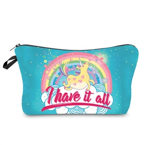 Rainbow unicorn cosmetic bag in light blue with I have it all print and zipper closure