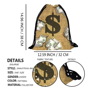 Polyester drawstring bag with dollar bill print 38x32cm unisex storage pouch