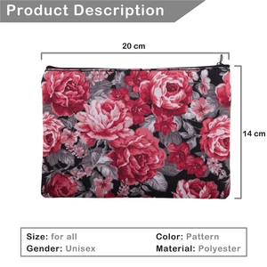 Floral print polyester makeup bag with pink roses and black zipper, 20x14cm size