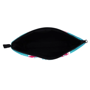 Rainbow unicorn cosmetic bag with zipper showing spacious black inner lining
