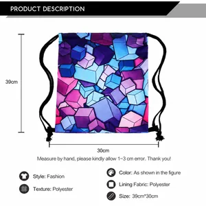 Detailed size specifications for a geometric cube print polyester drawstring bag