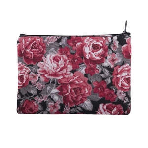 Floral print rectangular makeup bag with vibrant red roses and secure black zipper