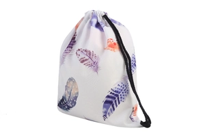 White drawstring storage bag with colorful feather prints and black woven ropes