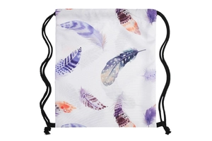 Lightweight drawstring bag with colorful feather print on white polyester fabric
