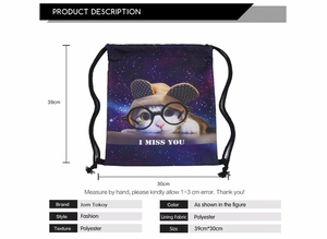 Detailed size chart of polyester drawstring bag with cute cat print, 39x30cm dimensions