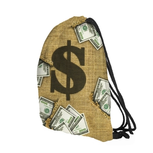 Close-up of dollar sign print on vintage textured burlap drawstring bag surface