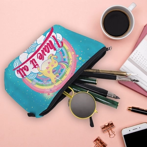 Rainbow unicorn cosmetic bag with I Have It All slogan and stationery accessories