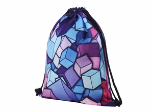 3D geometric cube pattern drawstring backpack with durable straps for travel storage