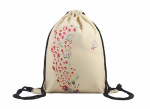 Bloemen rugzak met trekkoord in crèmewit met rode en witte bloemblaadjes, reisstas