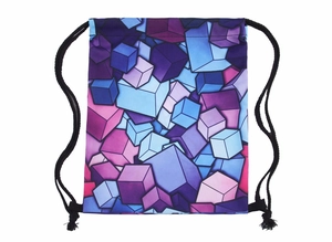 3D geometric spatial cube pattern drawstring backpack with purple and blue 3D printed graphics