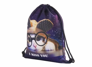 Purple galaxy drawstring bag with cat print and I Miss You text on white background