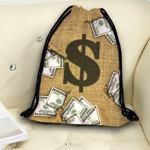 Polyester drawstring bag with realistic dollar bill print and burlap texture design