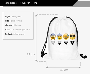 Detailed view of polyester drawstring bag with emoji prints and 39x30cm size specs