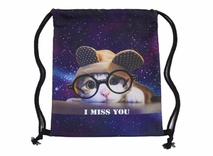 Galaxy cat print drawstring storage bag with I MISS YOU slogan and purple starry sky background