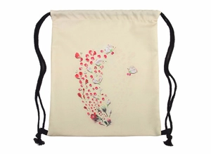 Minimalistische beige opbergtas met trekkoord en rood aquarel bloembladen vlinderpatroon