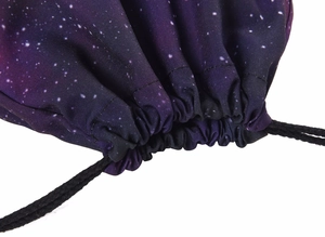 Drawstring toiletry bag featuring purple galaxy cat print and durable black woven cord