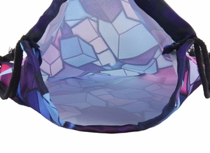 Top view of geometric pattern drawstring bag showing spacious inner compartment