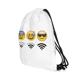 Funny Emoji drawstring cinch bag with Wi-Fi signal icons on white polyester fabric