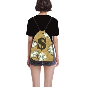 Polyester drawstring bag featuring dollar bill prints for travel storage and toiletries