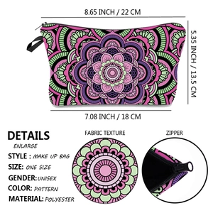 Detail view of Mandala makeup bag showing fabric texture, zipper, and product dimensions