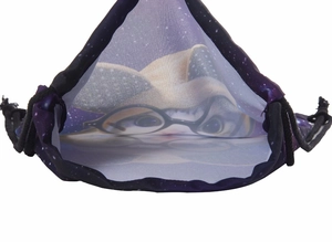 Macro shot showing the spacious interior and printed lining of the galaxy cat drawstring bag