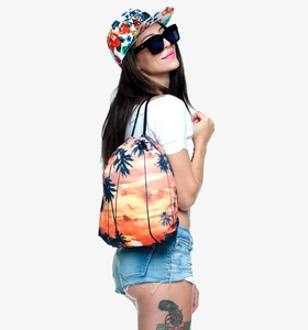 Tropical sunset palm tree drawstring backpack with orange silhouettes for travel