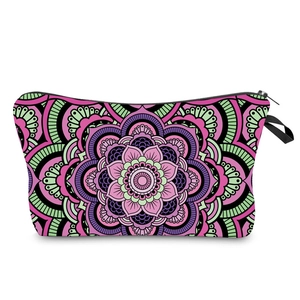 Travel makeup bag with colorful mandala floral print and secure black zipper closure