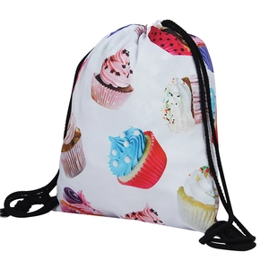 Drawstring backpack with colorful cupcake prints and black ropes on white background