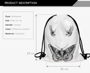 Detailed view of white polyester drawstring bag with butterfly print and size dimensions