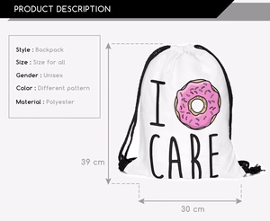 Polyester drawstring storage bag with donut print and I CARE text, 39x30cm size overview