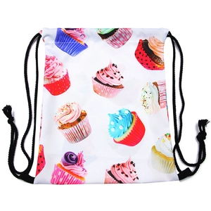 White drawstring storage bag with colorful cupcake prints for afternoon tea and travel