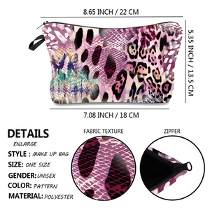 Detail view of polyester makeup bag showing dimensions and close-up leopard texture